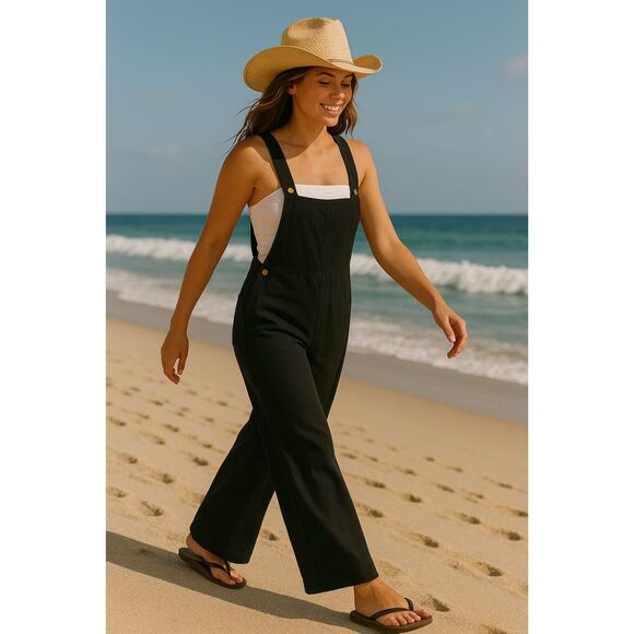 Black Wide-Leg Women's Summer Overalls - Picture 1 of 8